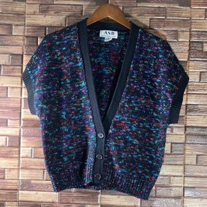 Womens VTG Small Black with Multicolored Speckles Short Sleeve Sweater by A.S.D
